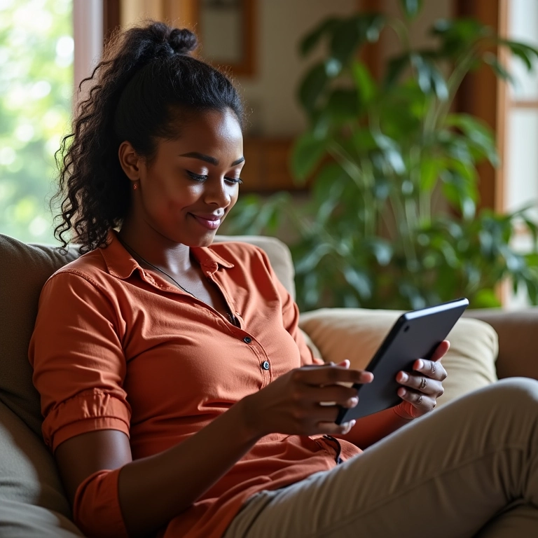 Mãe satisfeita lendo depoimentos de clientes sobre loja de bebê online.