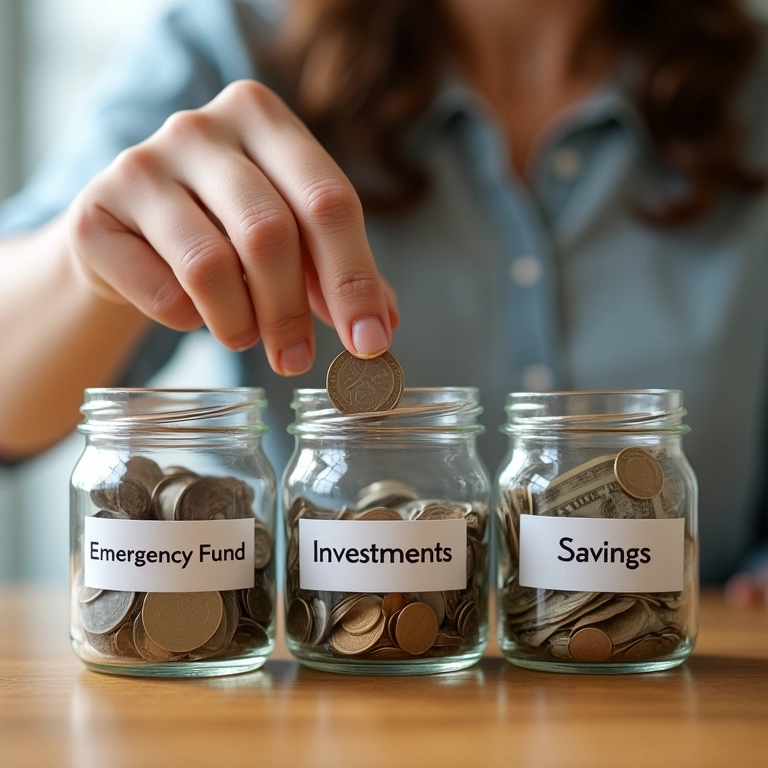 Mão depositando dinheiro em potes rotulados, representando reserva de emergência.