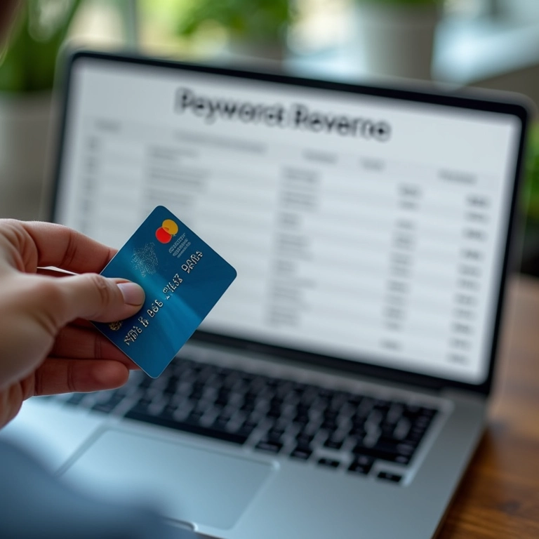 Mão segurando cartão de crédito sobre laptop com planos de preços de ferramentas de SEO.