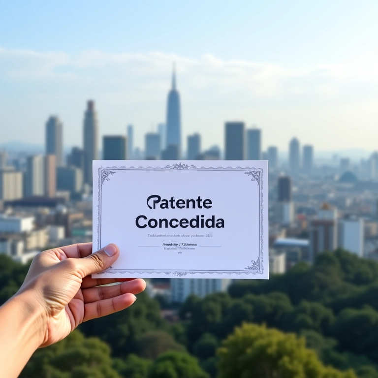 Mão segurando certificado de 'Patente Concedida' com o horizonte de São Paulo ao fundo.