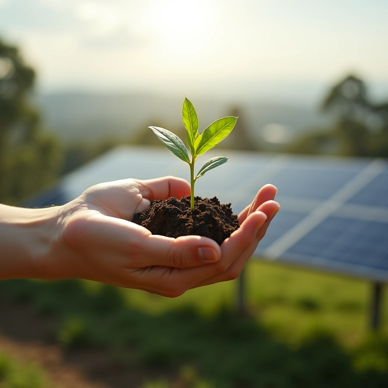 Mão segurando muda perto de painel solar em SP, simbolizando investimento no futuro sustentável.