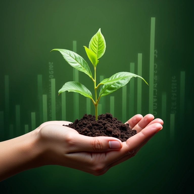 Mão segurando planta crescendo de dados estatísticos, simbolizando impacto social.