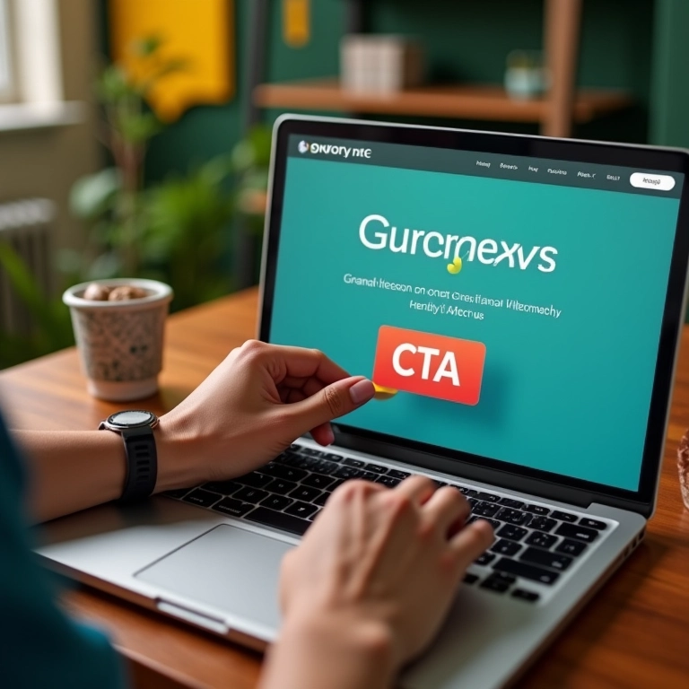 Mãos ajustando CTA em interface de site.