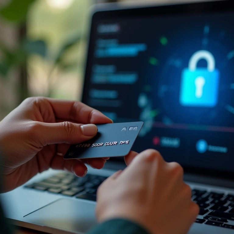 Mãos digitando dados do cartão de crédito em site seguro para pagamento online.