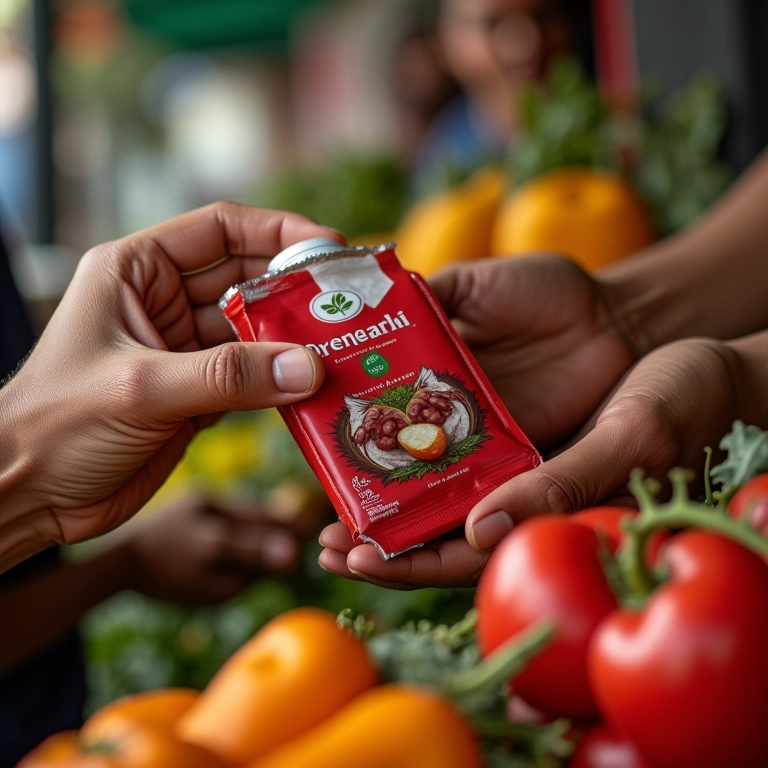Mãos diversas alcançando pacotes de produtos em exibição vibrante.