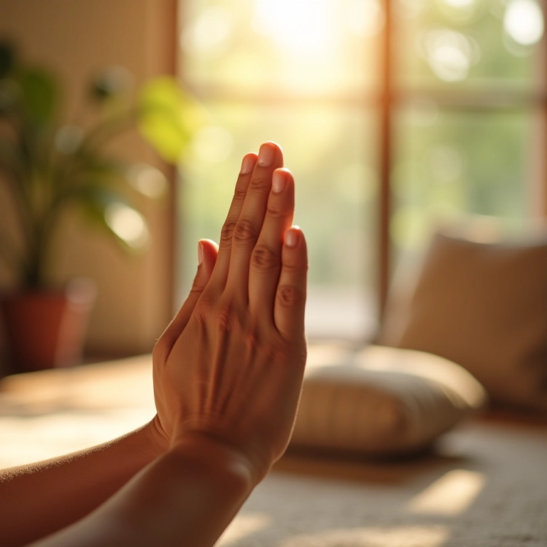 Mãos em oração em ambiente tranquilo, representando a meditação como ferramenta de resiliência.