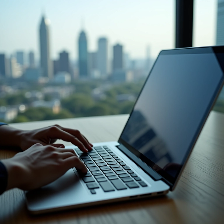 Mãos finalizando compra online em laptop com vista para SP ao fundo.