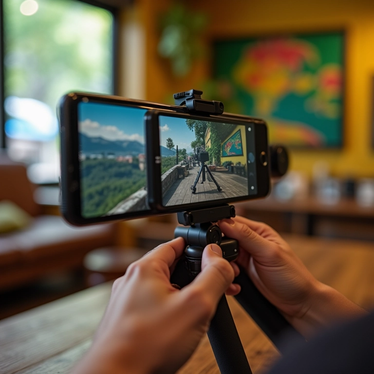 Mãos operando smartphone para gravar vídeo em ambiente decorado.