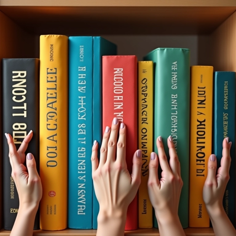 Mãos segurando livros e histórias sobre dinheiro em estante colorida.