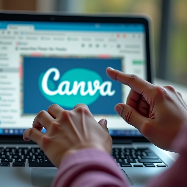 Mãos selecionando foto de alta qualidade na interface do Canva.
