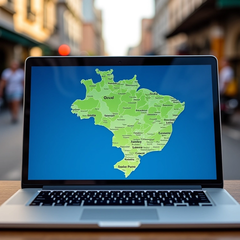 Mapa de São Paulo com dados de palavras-chave sobrepostos em tela de laptop.