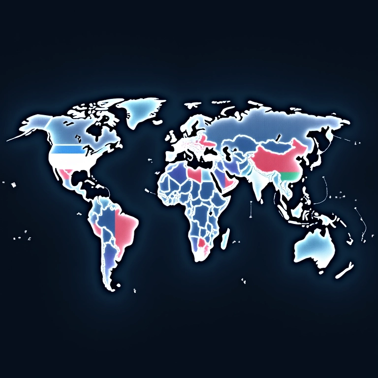 Mapa global com legendas em diversos idiomas para alcance internacional.