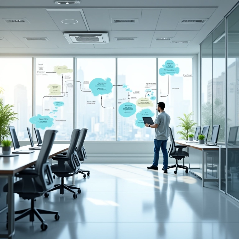 Mapeamento do fluxo de valor ilustrando o conceito Lean em um escritório moderno e bem iluminado.