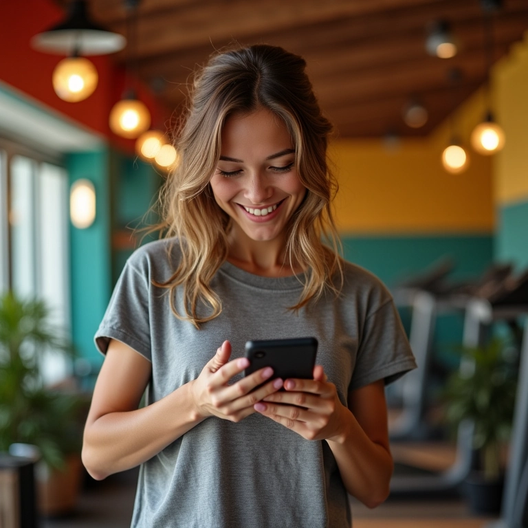 Membro da academia sorrindo ao ler e-mail personalizado no celular.