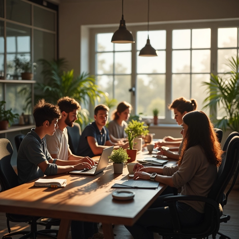 Membros de uma equipe diversificada trabalhando autonomamente em tarefas delegadas.
