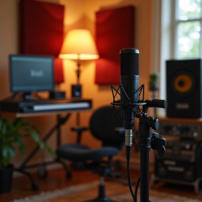 Microfone profissional em estúdio caseiro com painéis de isolamento.