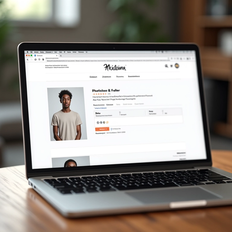 Mockup de website de ecommerce em laptop, mostrando página de produto otimizada para SEO local.