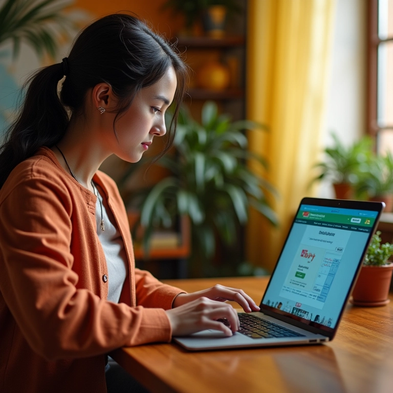 Mulher acessando serviços públicos online em apartamento estilo Farm Rio, representando o acesso à informação.
