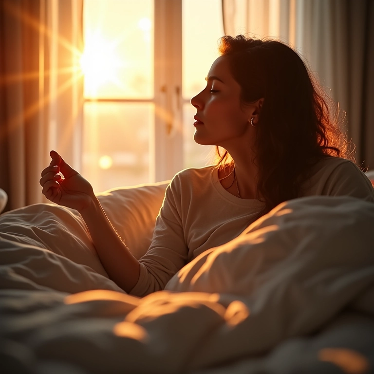 Mulher acordando revigorada após uma noite de sono ideal.