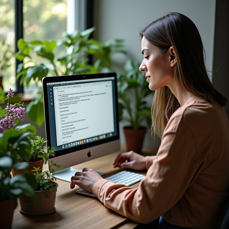 Mulher adicionando texto alternativo (alt text) descritivo a uma imagem em um site.