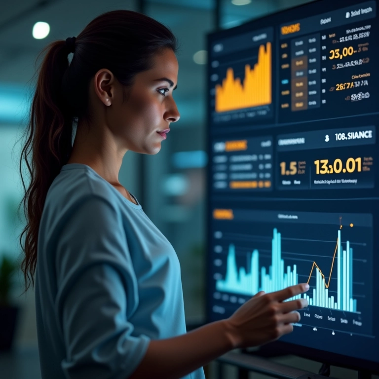 Mulher analisa aumento de tráfego qualificado internacional em seu site, escritório Farm Rio.