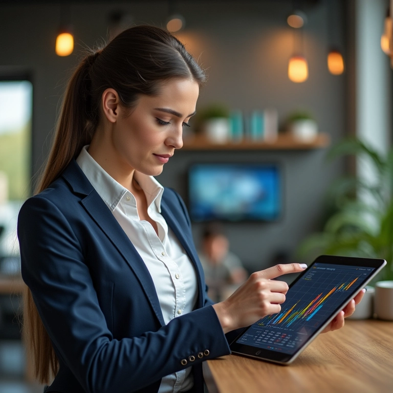 Mulher analisa dados de vendas em tablet com gráficos de tendências de IA.