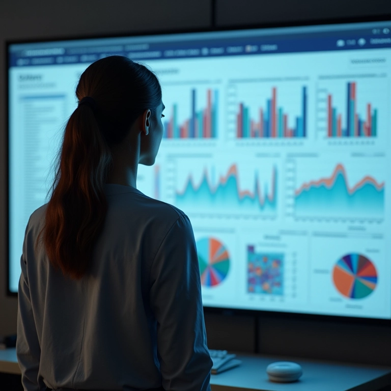 Mulher analisando dados demográficos e comportamentais de clientes em tela grande.