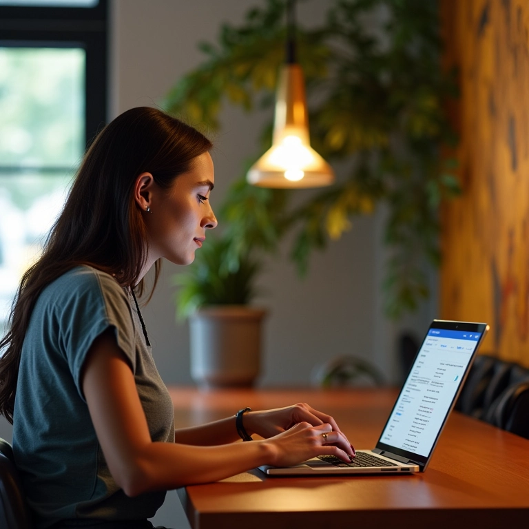 Mulher analisando dados do Google Search Console em um co-working em SP.