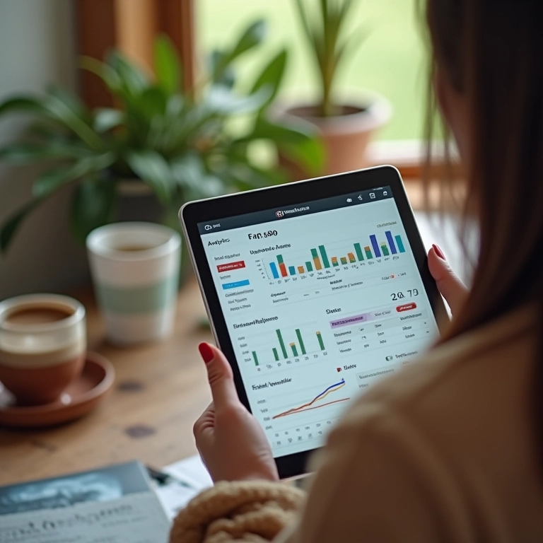 Mulher analisando dados do YouTube Analytics em um tablet.