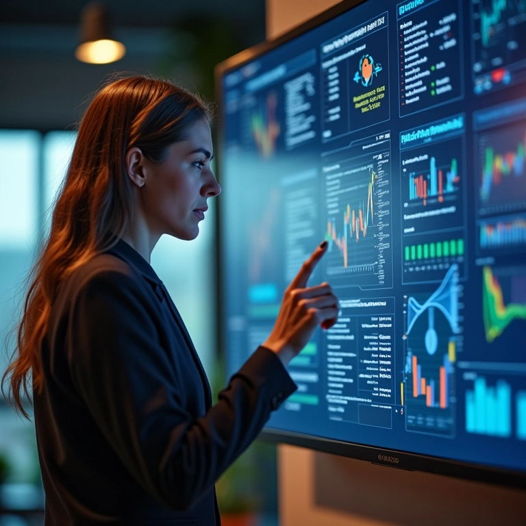 Mulher analisando dados interconectados em uma tela, tomando decisões estratégicas.