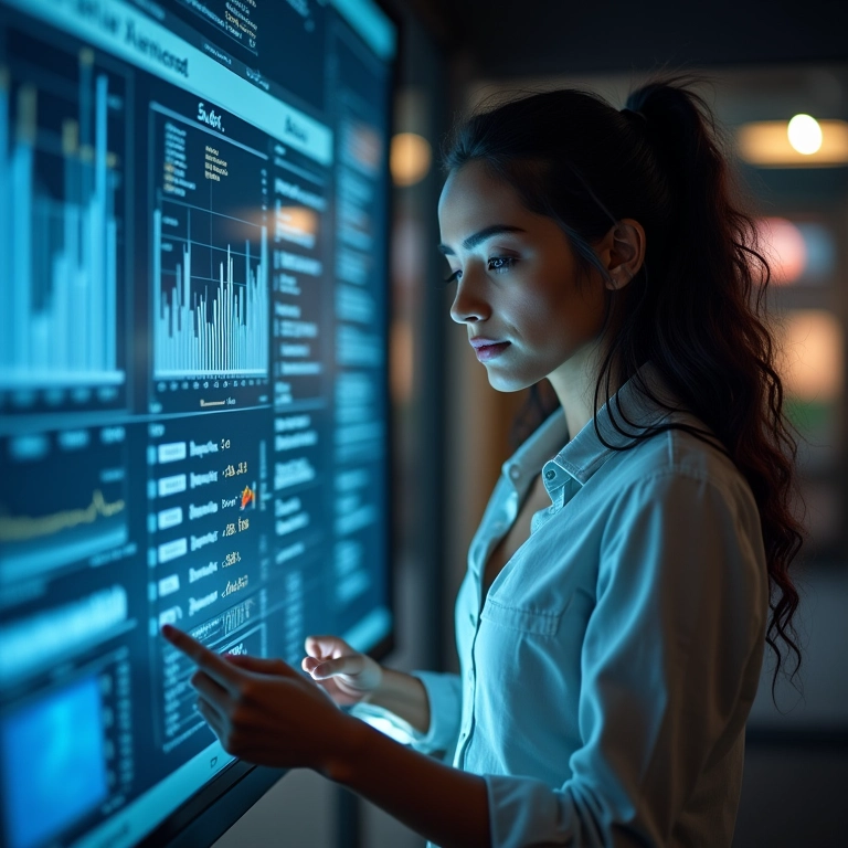 Mulher analisando métricas de social selling em um painel de controle.