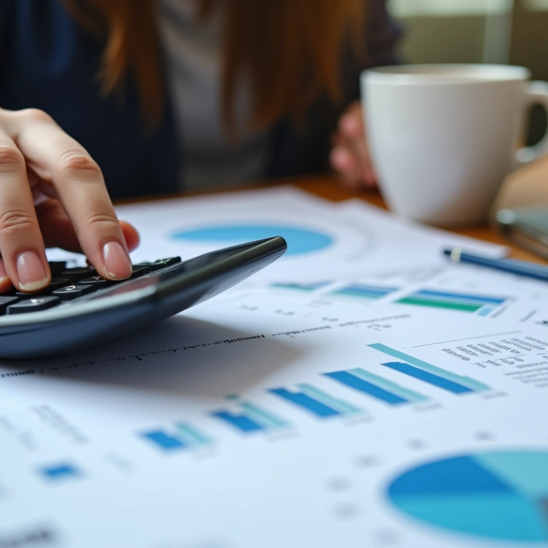 Mulher analisando relatório financeiro detalhado com gráficos e calculadora.
