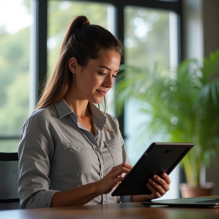 Mulher analisando relatórios financeiros em tablet, com visibilidade clara das finanças.