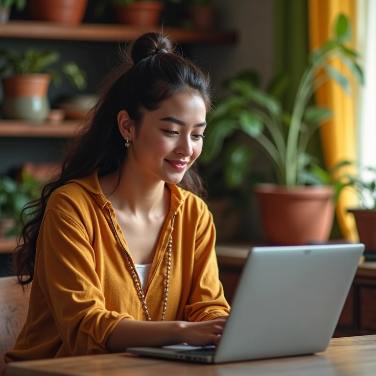 Mulher analisando segmentação de clientes em um laptop com IA.