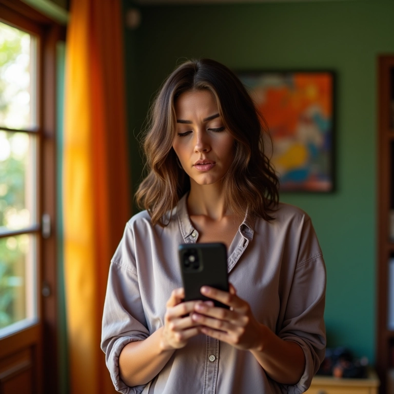 Mulher ansiosa esperando aprovação em casa brasileira colorida.