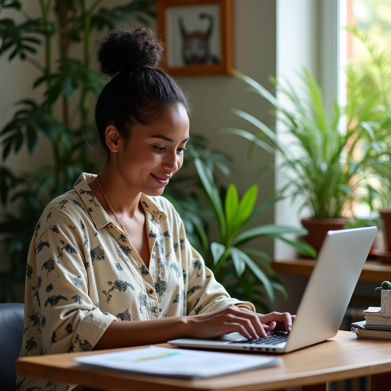 Mulher brasileira criando campanha de e-mail marketing em escritório em casa com decoração vibrante e plantas.