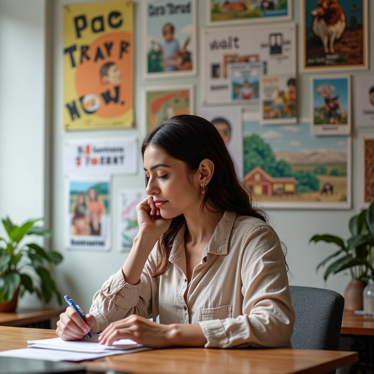 Mulher brasileira criando conteúdo, cercada de referências visuais e gatilhos mentais.