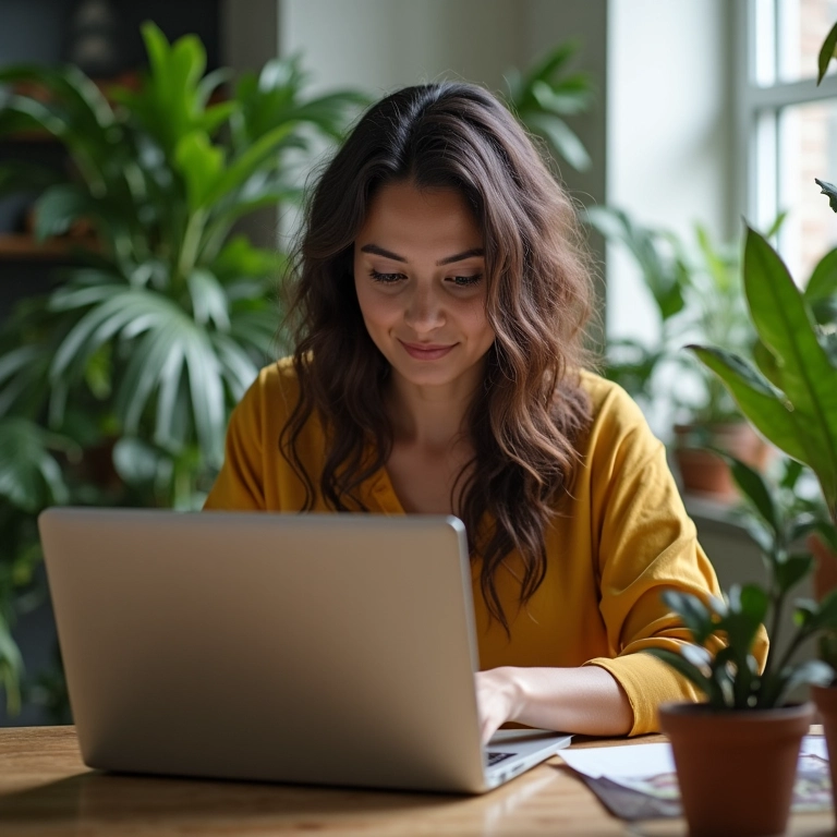Mulher brasileira escrevendo post de blog sobre e-commerce em ambiente aconchegante com decoração brasileira.