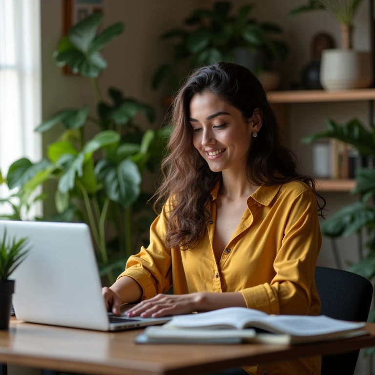 Mulher brasileira estudando MBA em Finanças Corporativas em seu escritório em casa, com decoração brasileira.