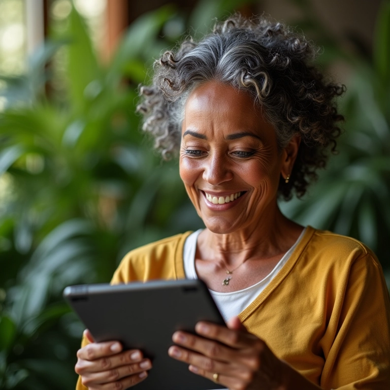 Mulher brasileira sorrindo ao ler depoimento positivo em tablet.