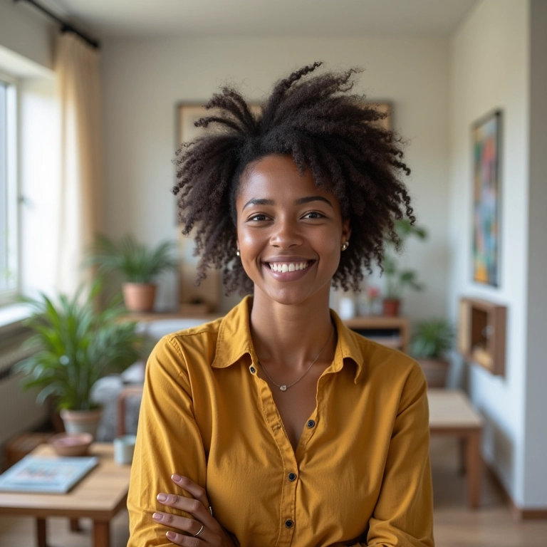 Mulher brasileira sorrindo em frente a um quadro de visualização com seus objetivos financeiros.