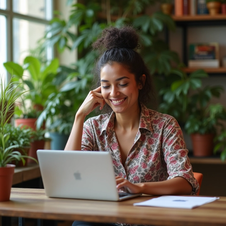 Mulher brasileira sorrindo enquanto gerencia perfil Google Meu Negócio no laptop.
