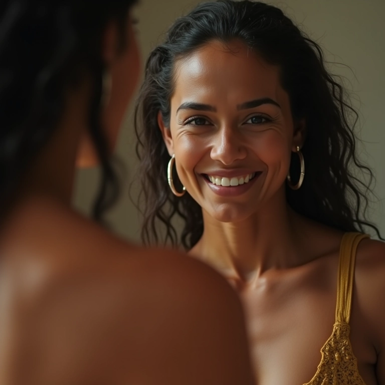 Mulher brasileira sorrindo para seu reflexo no espelho, demonstrando autoaceitação.