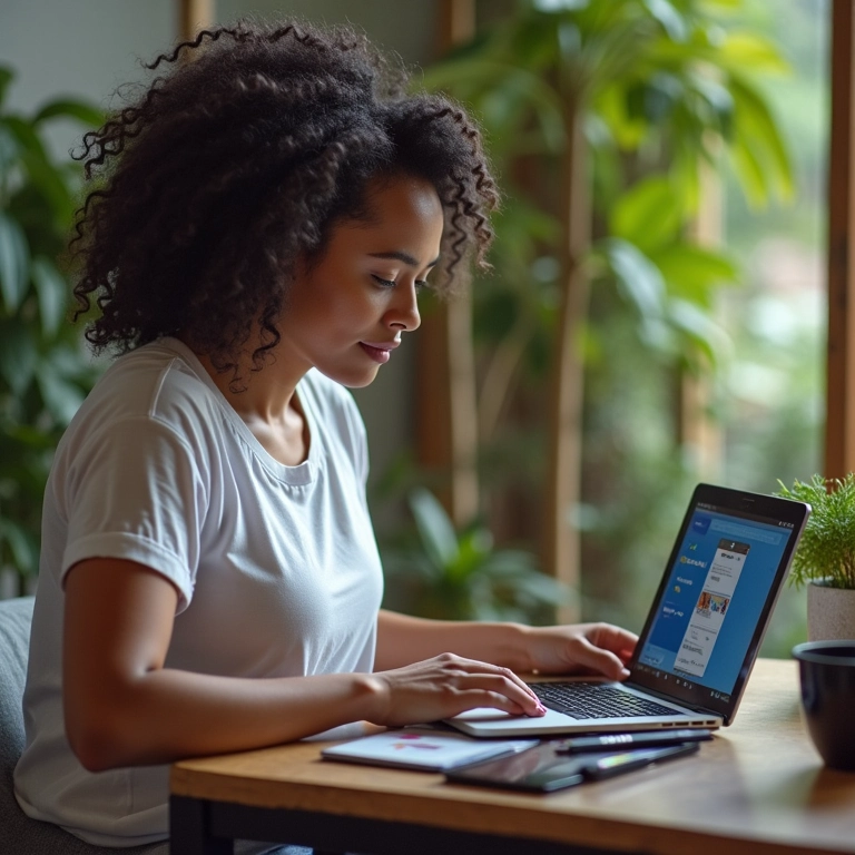 Mulher brasileira trabalhando em várias plataformas de marketing.