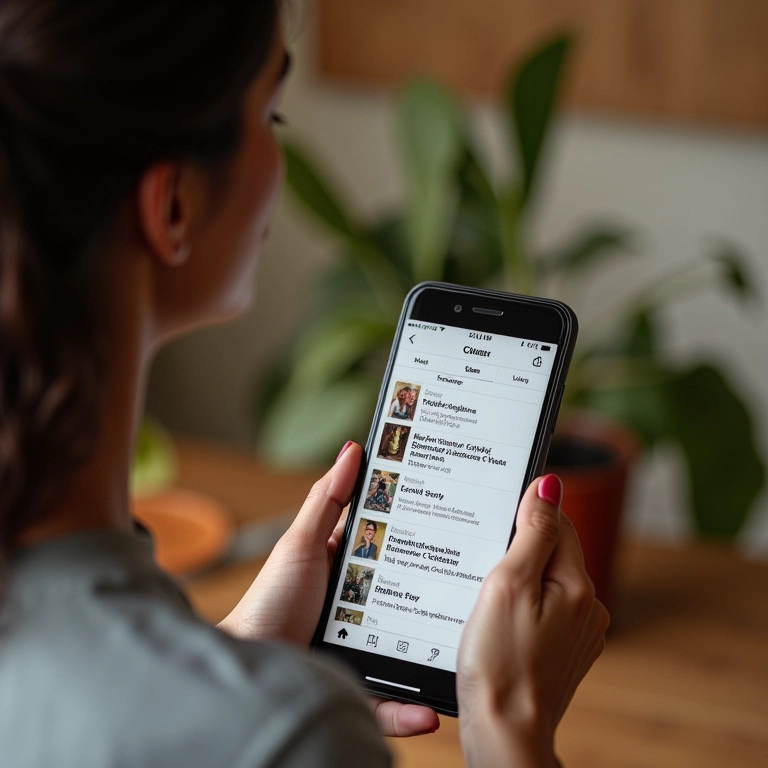 Mulher brasileira usando app de agendamento inteligente de posts.