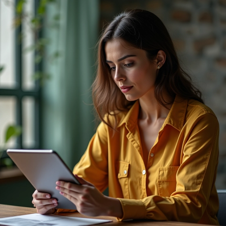 Mulher comparando métricas de marketing de conteúdo e social selling em tablet.