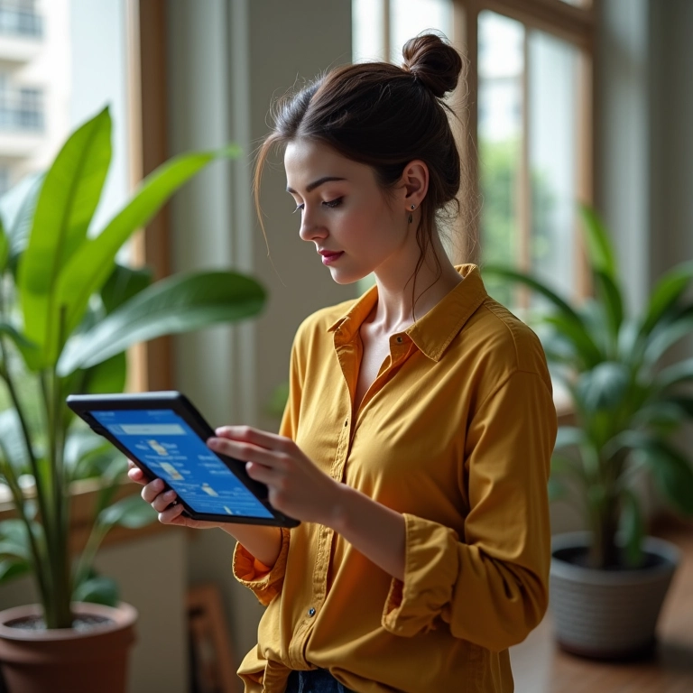 Mulher comparando opções de produtos em tablet em apartamento em SP.