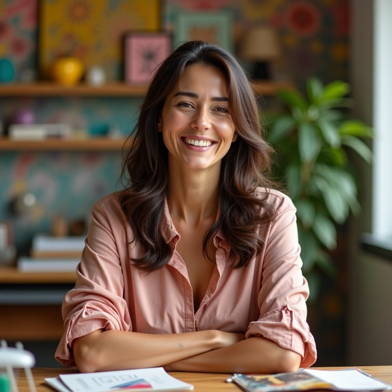 Mulher confiante praticando visualização em escritório vibrante, mostrando que não precisa de habilidades especiais.