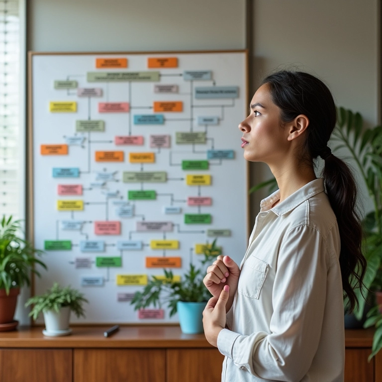 Mulher confusa olhando para um fluxograma complexo sobre SEO Semântico, questionando a dificuldade de implementação.