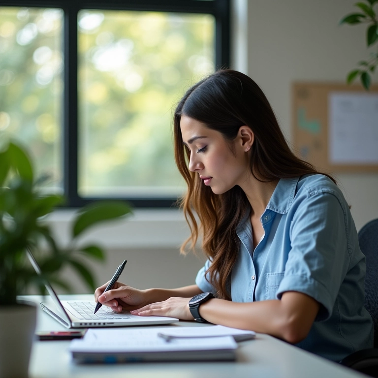 Mulher controlando contas a pagar em escritório iluminado.